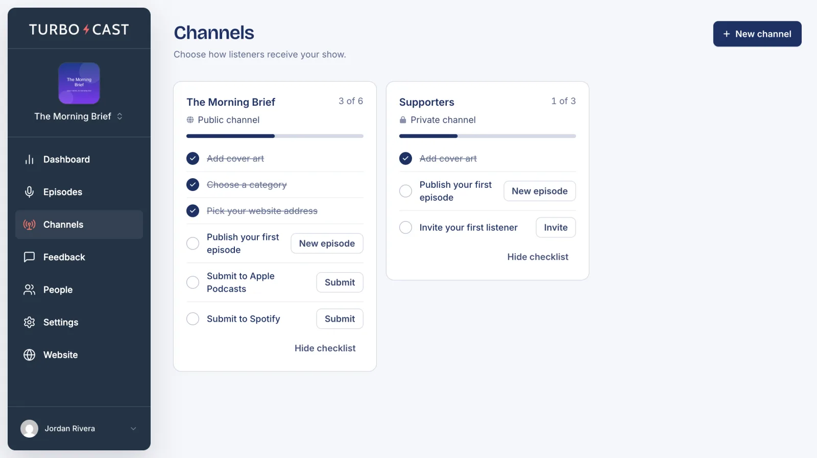 The Channels page with a public channel called The Morning Brief and a private channel called Supporters, each with a setup checklist