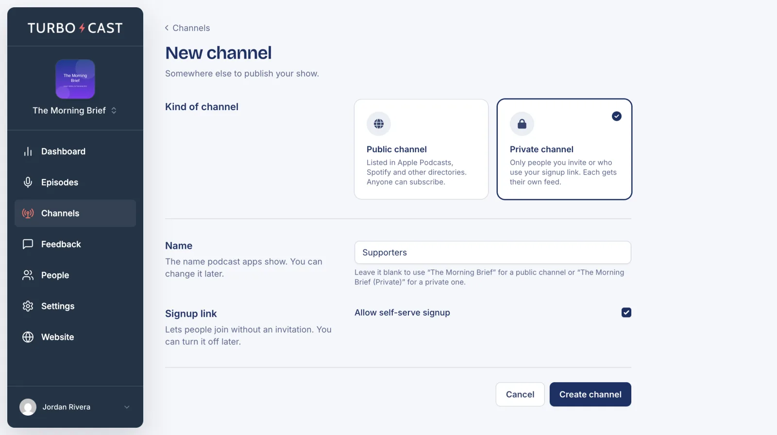 The New channel page with Private channel selected, the name Supporters and self-serve signup turned on