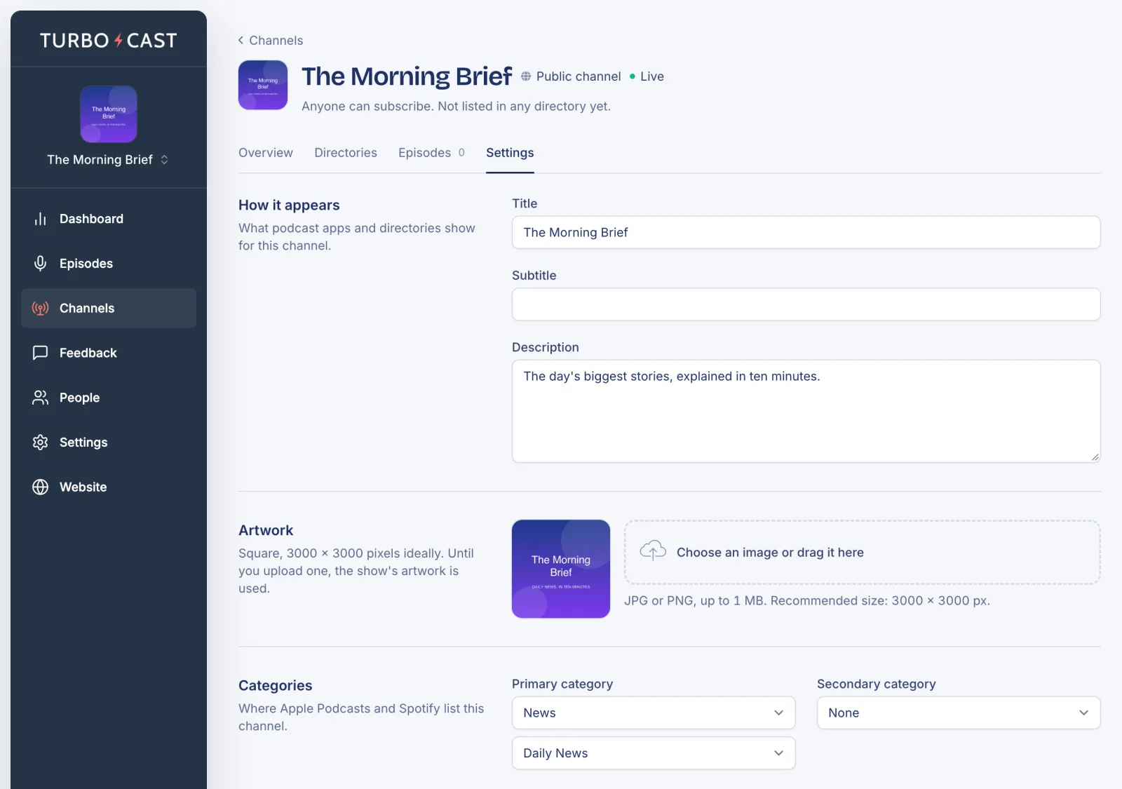 The Settings tab of a public channel showing its title, description, artwork and categories