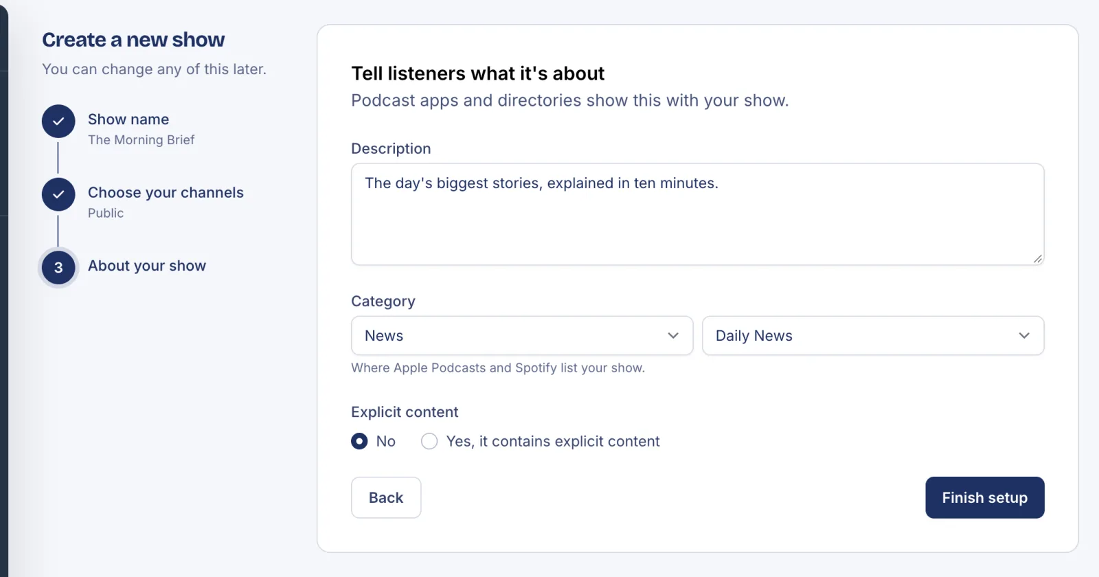 The About your show step with a description, the News and Daily News categories, and the explicit content choice