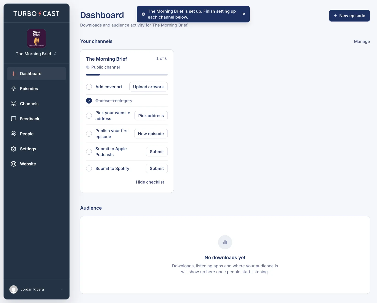The show dashboard with a setup checklist for the public channel