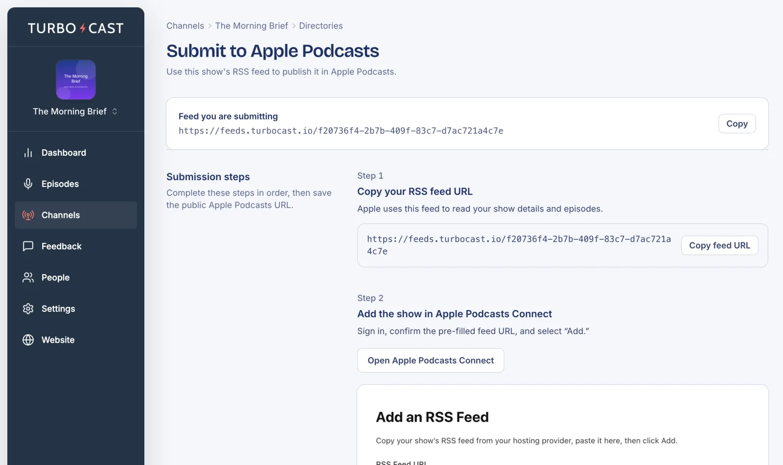 The Submit to Apple Podcasts page in TurboCast showing the feed address and a Copy feed URL button
