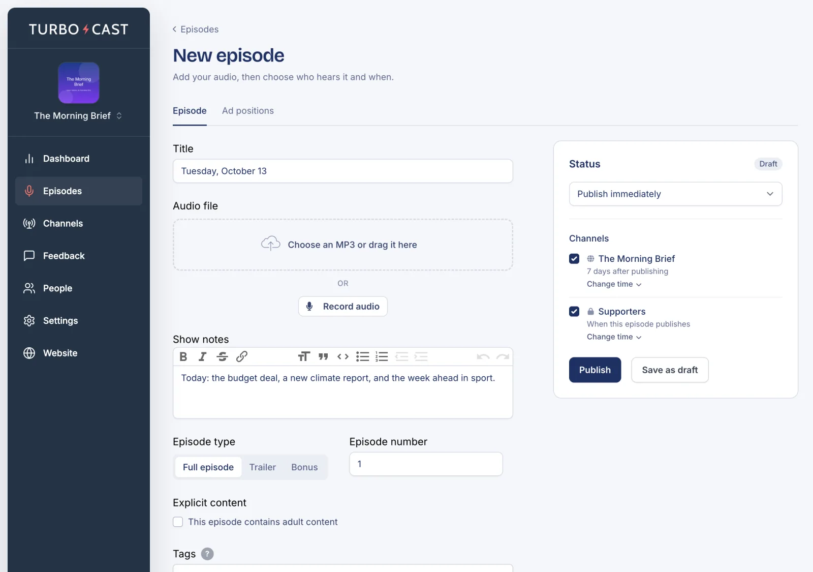 The New episode page with a title, audio upload, show notes and the Status panel on the right