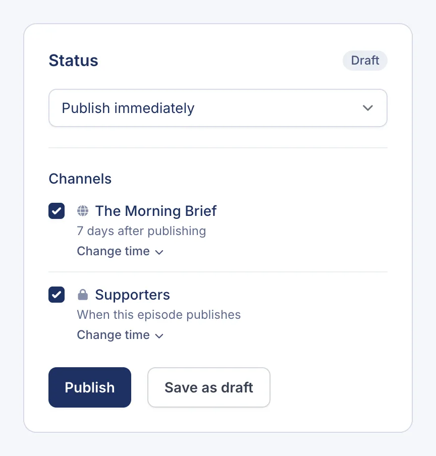 The Status panel with Publish immediately selected, two channels ticked, and Publish and Save as draft buttons