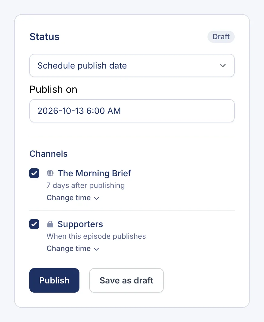 The Status panel with Schedule publish date selected and a Publish on date of 6:00 AM