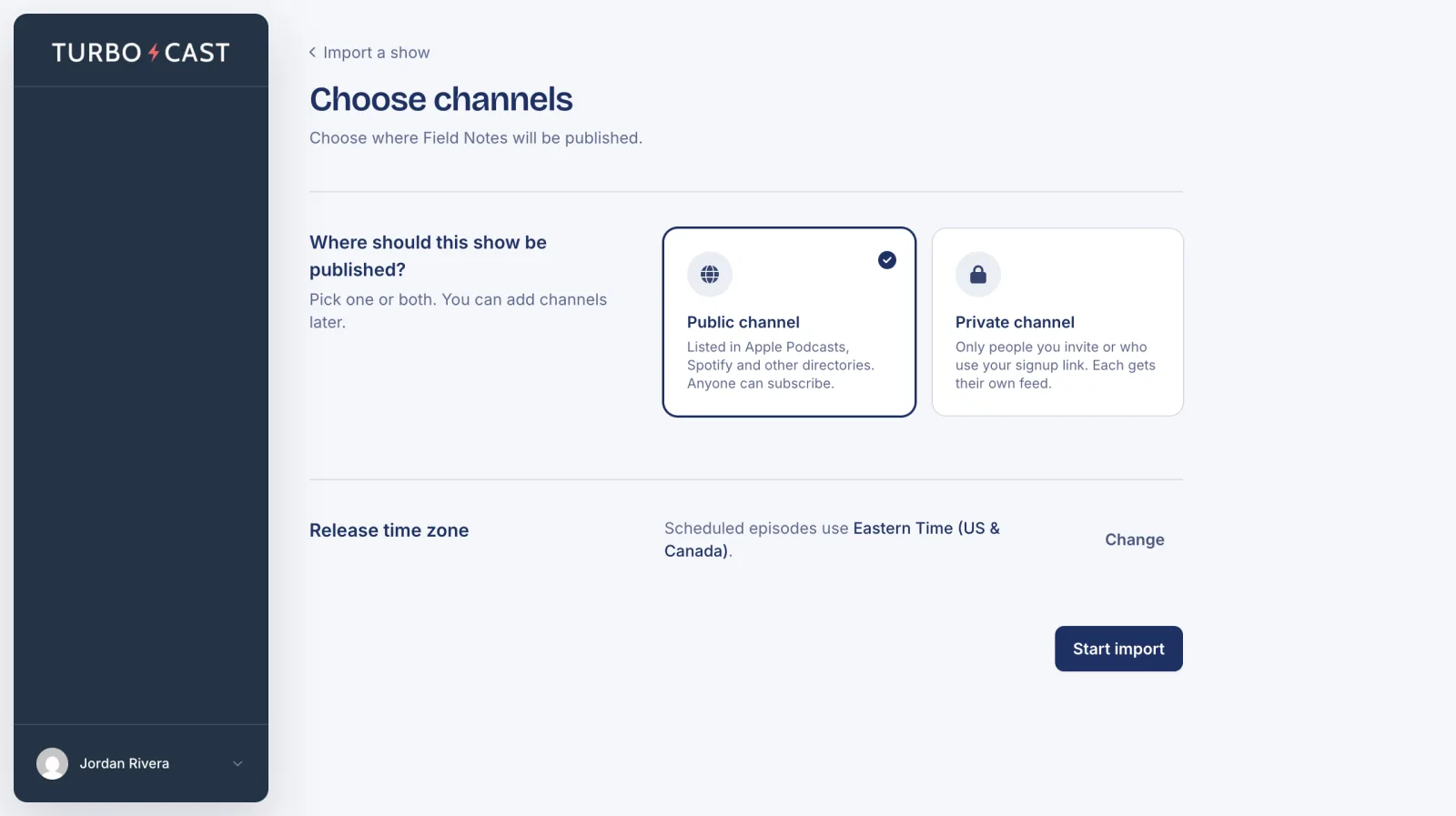 The Choose channels page with Public channel selected, the release time zone and a Start import button
