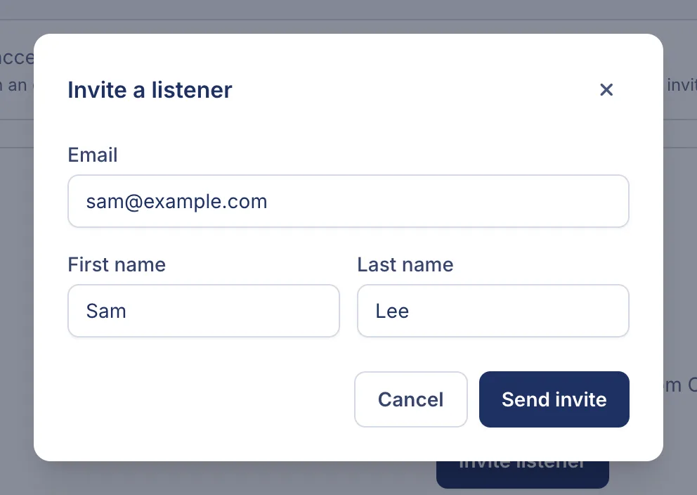The Invite a listener form with an email address, first name and last name filled in