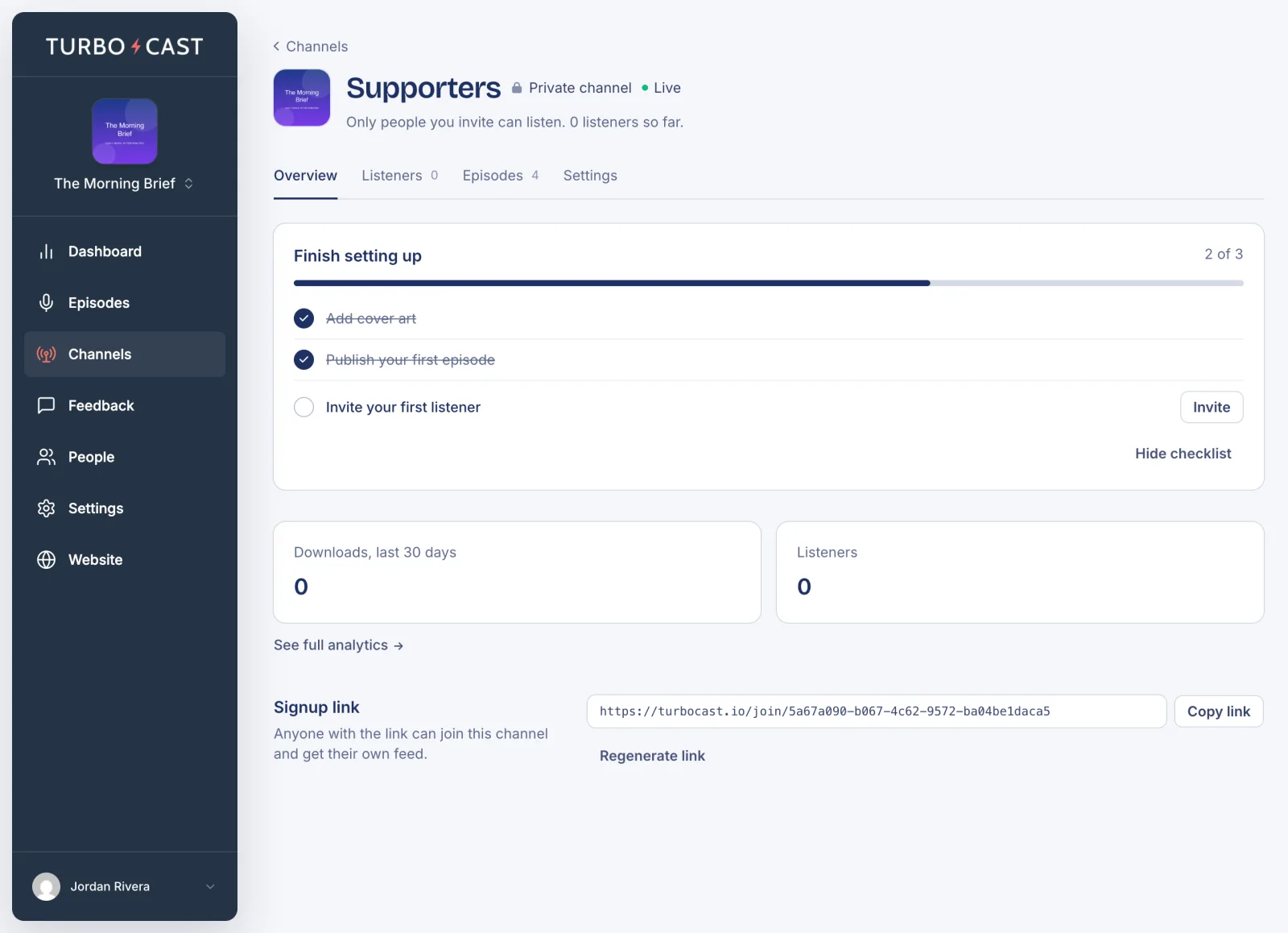 A private channel's Overview tab with its setup checklist, stats and the signup link with a Copy link button