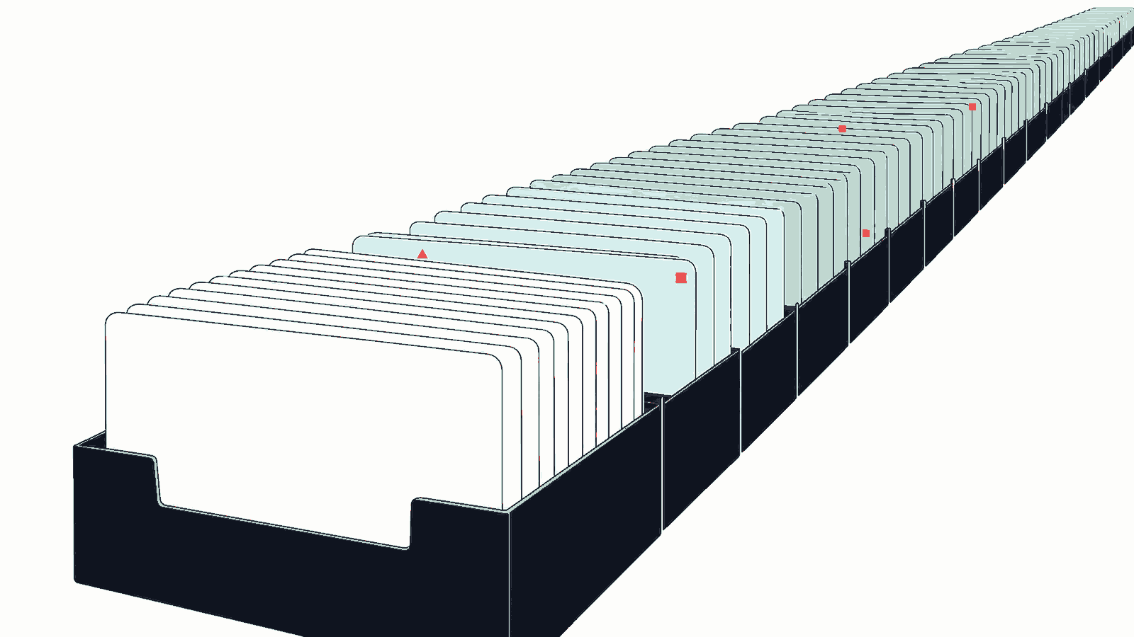 Illustration of a long receding archive of episode cards, some marked as newly earning again