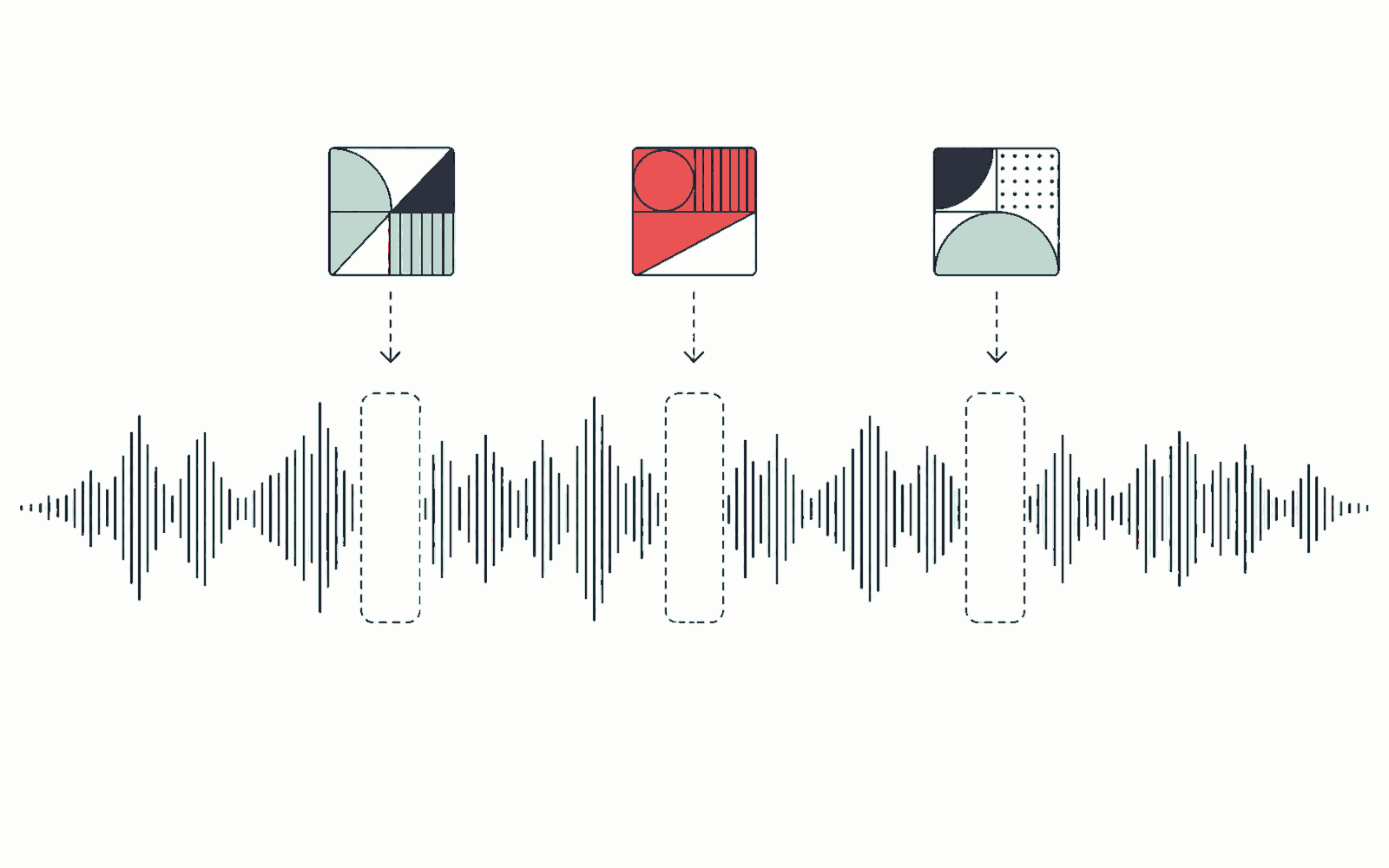 Diagram of a podcast episode file with three empty ad slots being filled with different ads as two separate listeners request the same episode