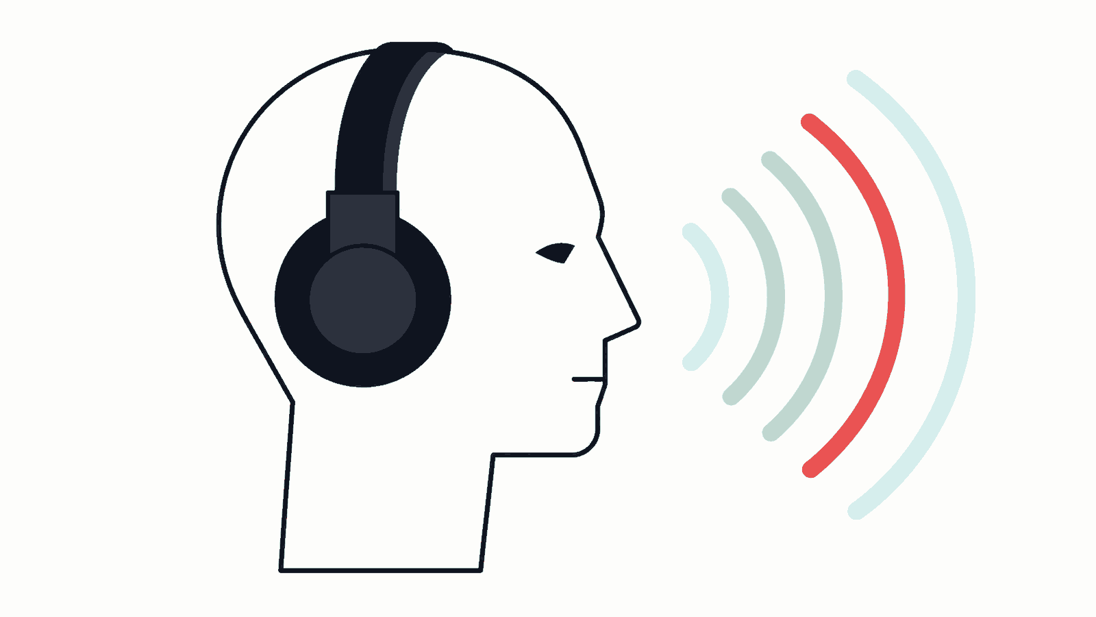 Illustration of a listener wearing headphones with sound arcs entering, one of them highlighted as an ad