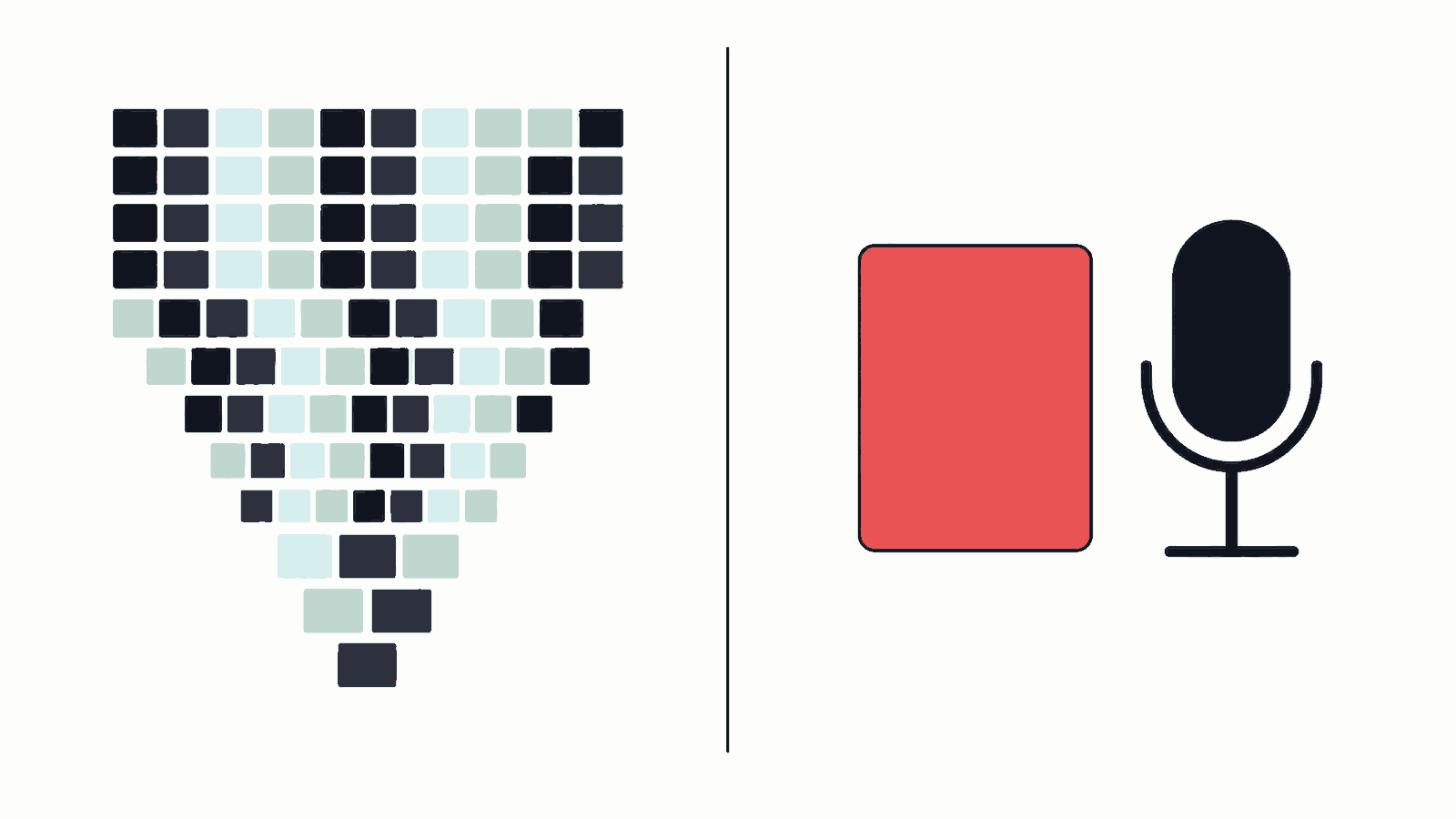 Split illustration comparing a podcast host reading an ad live into a microphone with an automated ad exchange bidding on the same slot in milliseconds